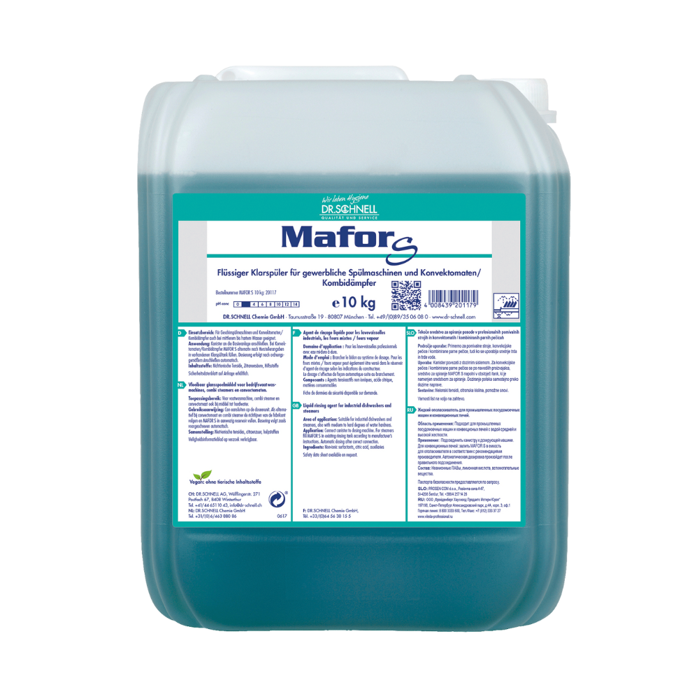 A 10 kg container Dr. Schnell MAFOR S acidic rinse aid for commercial dishwashers from DR.SCHNELL GmbH & Co. KGaA contains a blue-green solution visible through the translucent packaging. The label includes product information and usage instructions in German and proudly displays the EU Ecolabel, confirming its environmentally friendly properties.