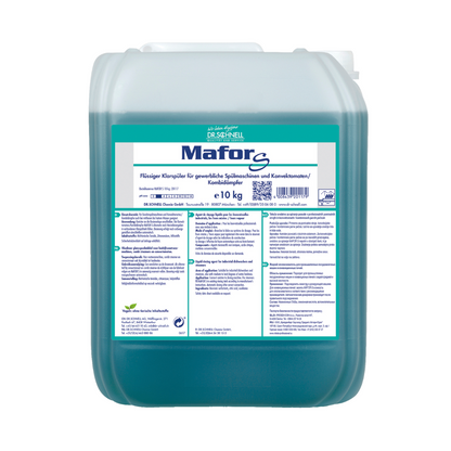 A 10 kg container Dr. Schnell MAFOR S acidic rinse aid for commercial dishwashers from DR.SCHNELL GmbH & Co. KGaA contains a blue-green solution visible through the translucent packaging. The label includes product information and usage instructions in German and proudly displays the EU Ecolabel, confirming its environmentally friendly properties.