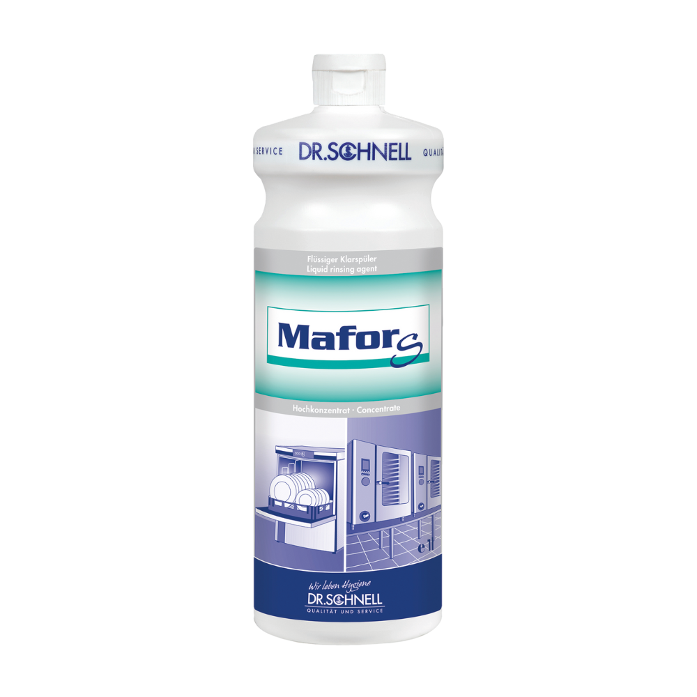 The Dr. Schnell MAFOR S acidic rinse aid for commercial dishwashers is presented by DR.SCHNELL GmbH & Co. KGaA in a white bottle with a blue-green label featuring a dishwasher illustration at the bottom. This highly concentrated product is certified with the EU Ecolabel.