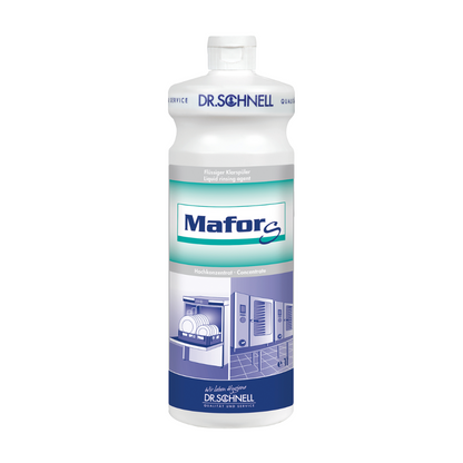 The Dr. Schnell MAFOR S acidic rinse aid for commercial dishwashers is presented by DR.SCHNELL GmbH & Co. KGaA in a white bottle with a blue-green label featuring a dishwasher illustration at the bottom. This highly concentrated product is certified with the EU Ecolabel.