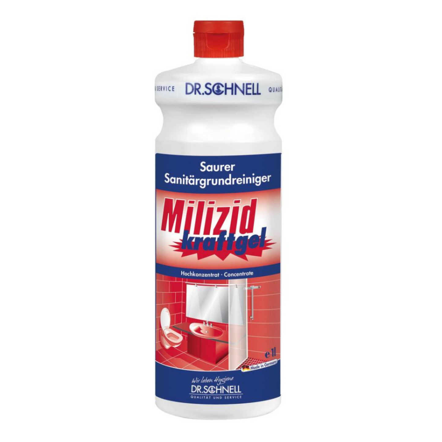 A white 1-liter bottle Dr. Schnell MILIZID power gel sanitary cleaner (DR.SCHNELL GmbH & Co. KGaA) with a red cap; the label shows bathroom fixtures and indicates that it is a highly acidic cleaner for thorough sanitary cleaning.