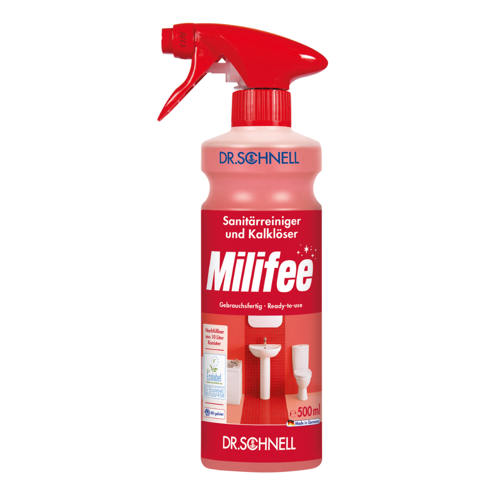 The Dr. Schnell Milifee ready-to-use sanitary cleaner from DR.SCHNELL GmbH & Co. KGaA is a red spray bottle for disinfecting cleaning and lime removal. The label with images of sinks and toilets emphasizes the gentle cleaning properties. Equipped with a red spray nozzle and a capacity of 500 ml, it carries the EU Ecolabel, guaranteeing its environmental friendliness.