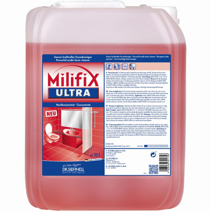 The image shows a large canister of Dr. Schnell Milifix ULTRA sanitary basic cleaner concentrate from DR.SCHNELL GmbH & Co. KGaA. The label presents product information in several languages and includes images of a toilet and a washbasin. It highlights the application on acid-resistant surfaces for effective combat against mineral deposits.