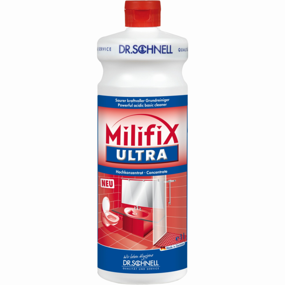 A bottle of Dr. Schnell Milifix ULTRA from DR.SCHNELL GmbH & Co. KGaA is a powerful sanitary basic cleaner concentrate, ideal for acid-resistant surfaces. The label describes it as a highly concentrated acidic basic cleaner, perfect for removing mineral deposits. The bottle is white with a red cap and shows the image of a red and white bathroom.
