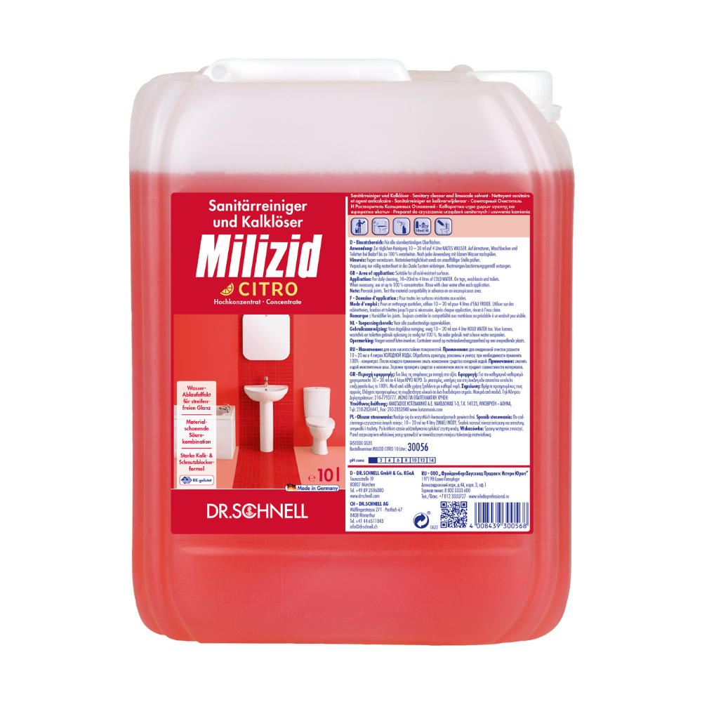 A red container with Dr. Schnell Milizid Citro sanitary cleaner and lime remover from DR.SCHNELL GmbH & Co. KGaA. The label shows images of a toilet and a urinal as well as instructions and product details that highlight the strong cleaning properties of the product.