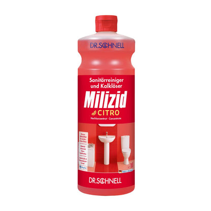 A 1-liter bottle of Dr. Schnell Milizid Citro sanitary cleaner and lime remover, manufactured by DR.SCHNELL GmbH & Co. KGaA, in red-white packaging. The front label shows images of a sink and a toilet to highlight the cleaning properties, with text in German.