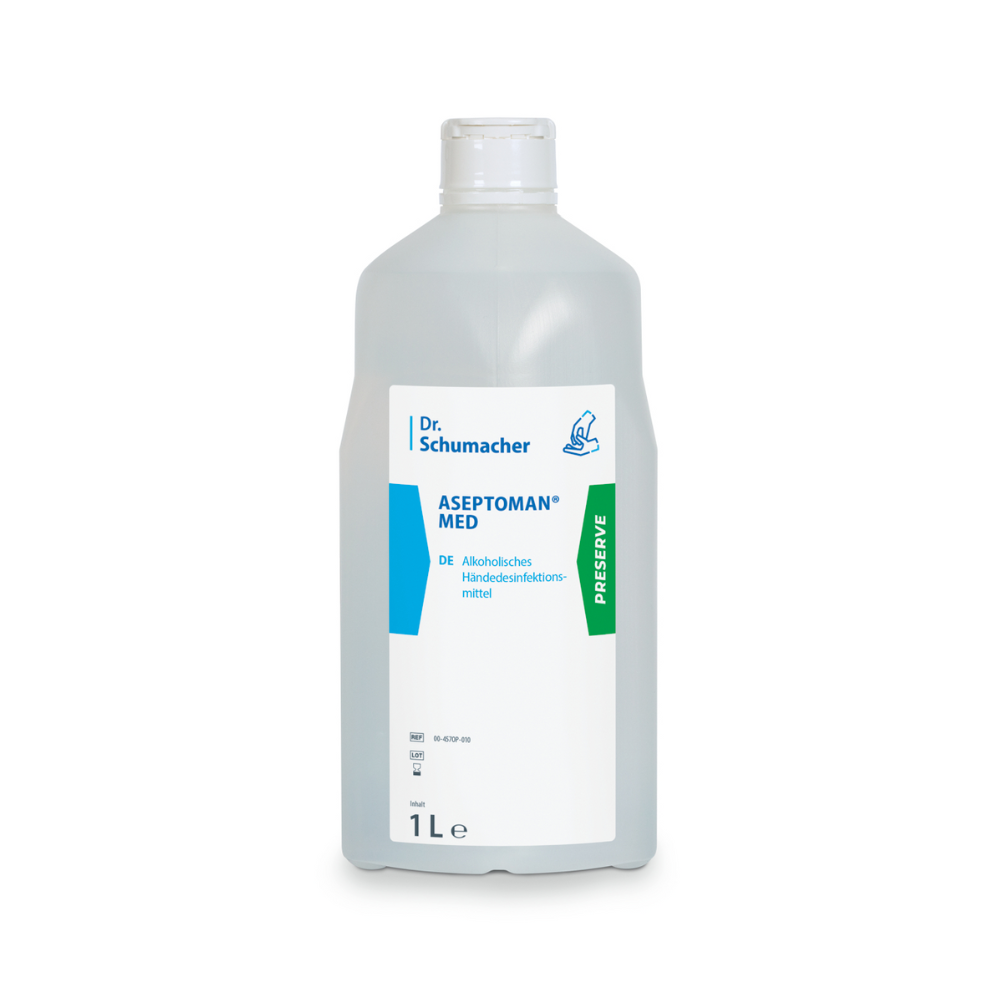 Eine 1-Liter-Flasche Dr. Schumacher Aseptoman® med Händedesinfektion auf weißem Hintergrund. Das Etikett ist hauptsächlich blau und grün, was darauf hinweist, dass es sich um ein Sterilisationsprodukt auf Alkoholbasis handelt.