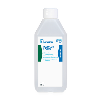 Pictured is a one-liter bottle of Dr. Schumacher Descosept Special rapid disinfectant. The white bottle has a label with blue-green text indicating its use as an alcohol-free disinfectant for medical devices and surfaces.