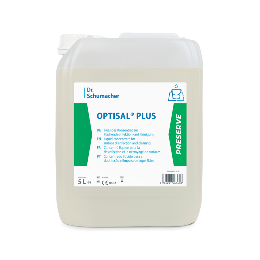 A white 5-liter container with Dr. Schumacher Optisal® Plus disinfectant cleaner from Dr. Schumacher GmbH. The label on the front contains multilingual text and indicates that it is a liquid concentrate for surface disinfection and cleaning. A green stripe on the right side points to "PRESERVE".