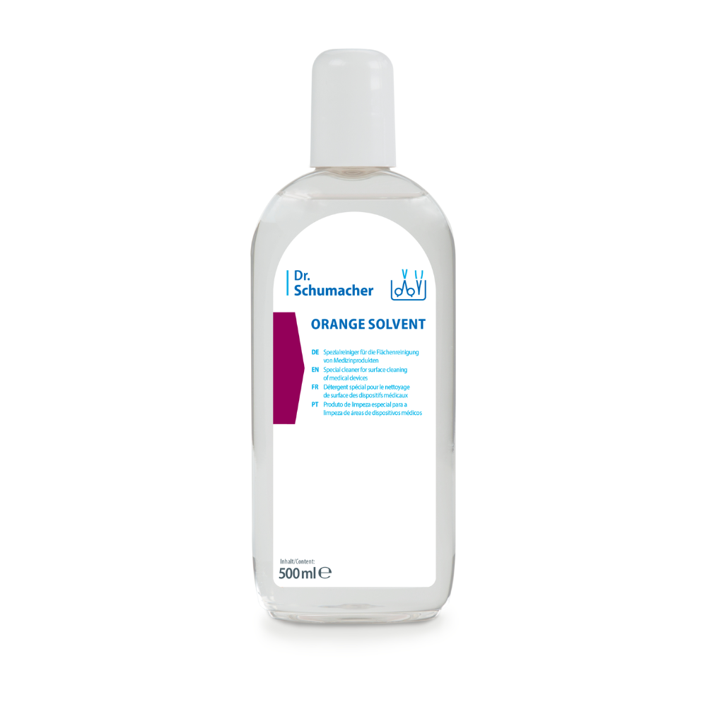 A transparent 500 ml bottle of Dr. Schumacher GmbH ORANGE SOLVENT instrument cleaner with a white cap and blue-white label, for adhesive removal and instrument cleaning, depicted against a white background.