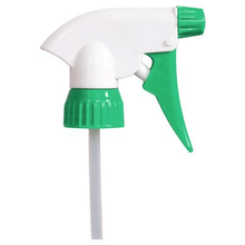 The Dr. Schumacher spray pump from Dr. Schumacher GmbH is a spray head with a white body and a green nozzle, trigger, and collar, shown here in side view with an attached suction tube for hygienic cleaning.