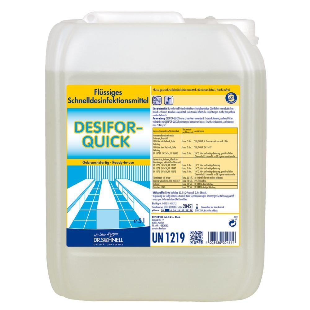 A 5-liter container Dr. Schnell DESIFOR-QUICK surface disinfectant by DR.SCHNELL GmbH & Co. KGaA, with a blue-yellow label and German instructions, ideal for surface disinfection in sensitive environments.