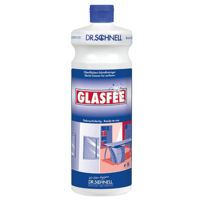 A 1-liter bottle of Dr. Schnell GlasFee glass cleaner from DR.SCHNELL GmbH & Co. KGaA features a blue and white label with a blue cap and shows clean, streak-free glass and desk surfaces; contains ready-to-use surface quick cleaner.