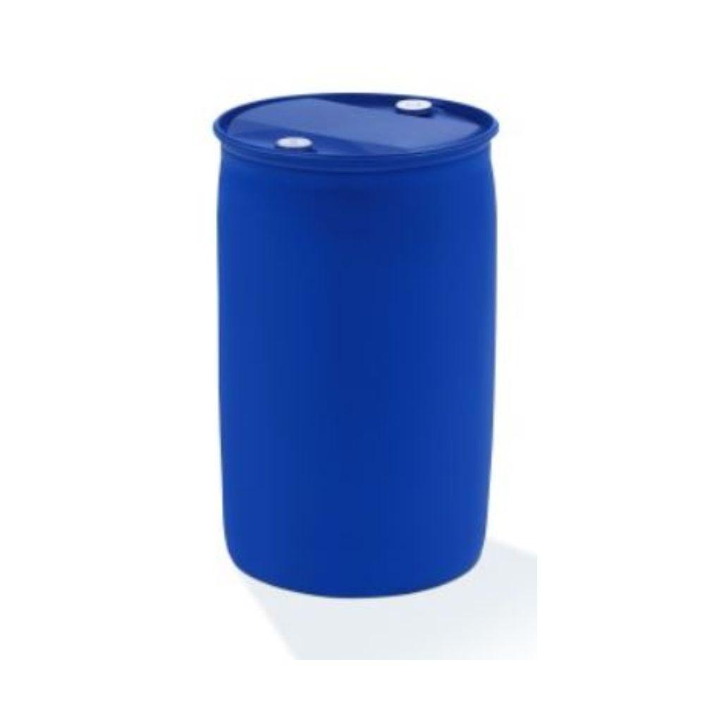 A blue plastic drum with a removable lid and two white bung caps stands upright against a white background, ideal for storing Dr. Schnell GlasFee glass cleaner from DR.SCHNELL GmbH & Co. KGaA.