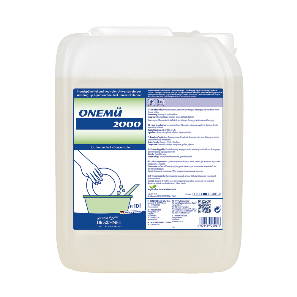 A large white plastic container with Dr. Schnell ONEMÜ 2000 universal cleaner and hand dishwashing liquid by DR.SCHNELL GmbH & Co. KGaA, with a blue-green label with instructions, logo, and an illustration of hand washing a plate. The biodegradable formula ensures environmentally friendly cleaning.