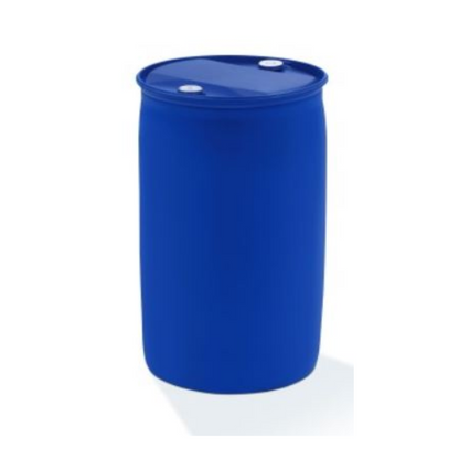The Dr. Schnell ONEMÜ 2000, a large blue plastic barrel with a sealed lid and two openings, stands upright against a white background. The cylindrical container by DR.SCHNELL GmbH & Co. KGaA is ideal for storing biodegradable solutions for environmentally friendly cleaning practices.