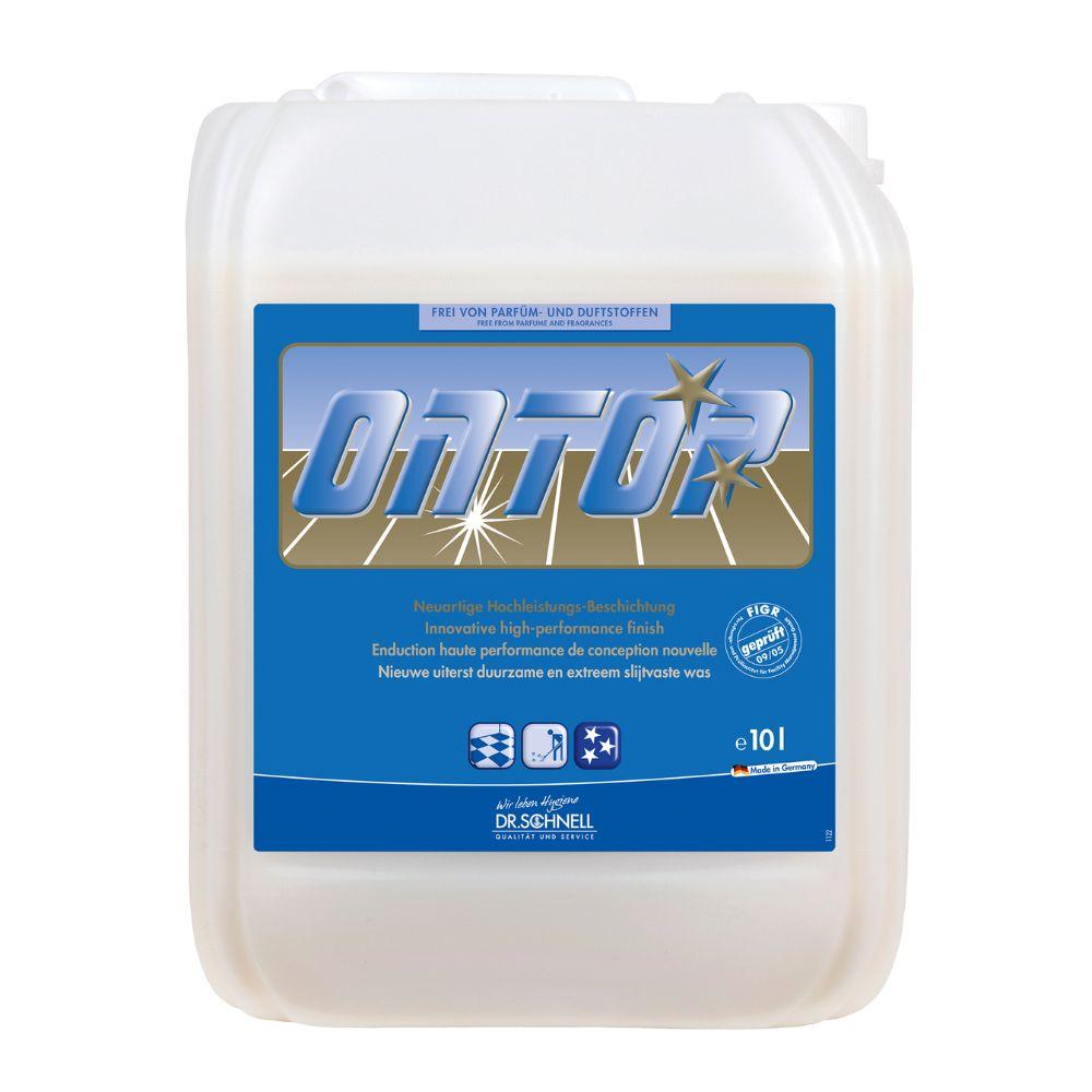 The DR.SCHNELL ONTOP floor coating 10 liter canister is a white plastic container with a blue label, screw cap, and note on high durability. Ideal for environmentally friendly floor care by DR.SCHNELL GmbH & Co. KGaA.