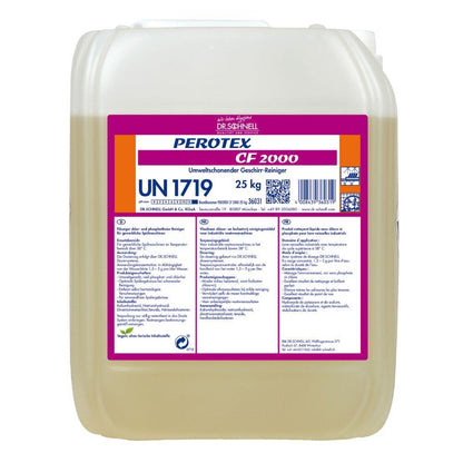 A 25 kg plastic container with Dr. Schnell PEROTEX CF 2000 Chlorine-Free Dish Cleaner by DR.SCHNELL GmbH & Co. KGaA, marked with multilingual instructions, safety symbols, and the hazardous material code UN 1719.