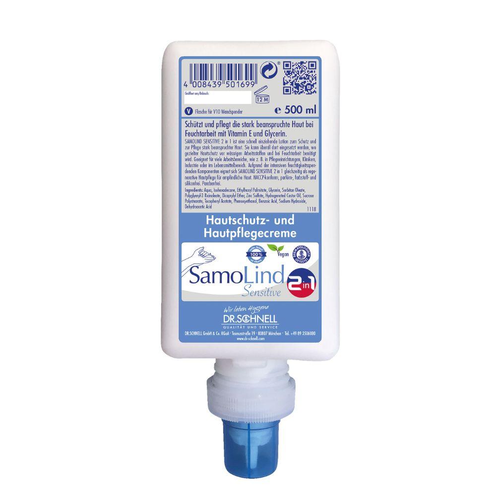A 500-ml bottle Dr. Schnell SamoLind Sensitive 2in1 skin protection and care cream from DR.SCHNELL GmbH & Co. KGaA, with a blue nozzle and front label with German product details.