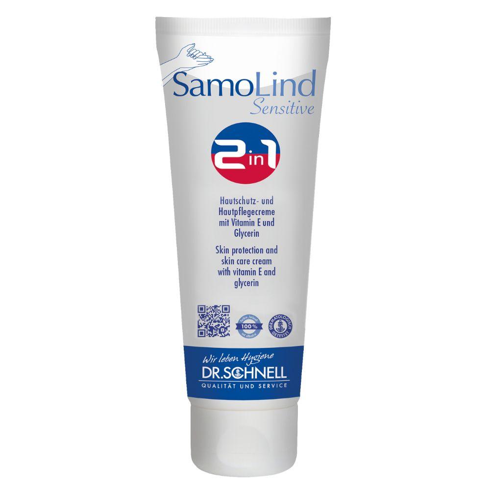 A white tube Dr. Schnell SamoLind Sensitive 2in1 skin protection and care cream from DR.SCHNELL GmbH & Co. KGaA, labeled as a skin protection cream with Vitamin E and glycerin, is depicted upright with visible product details.