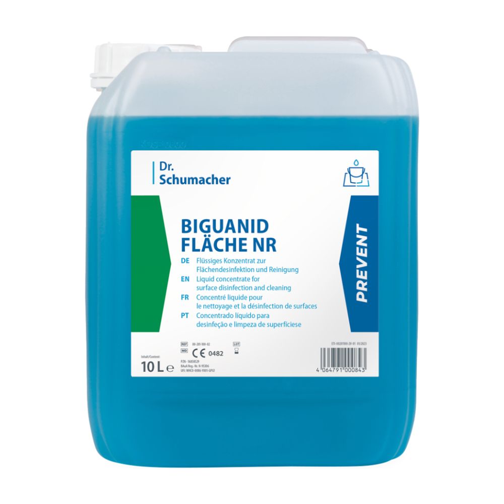 A 10-liter container with blue liquid labeled "Dr. Schumacher Biguanid Surface NR Surface Disinfection" by Dr. Schumacher GmbH is a surface disinfection concentrate. The label is multilingual and highlights the effectiveness in cleaning and disinfecting surfaces with the word "Prevent".