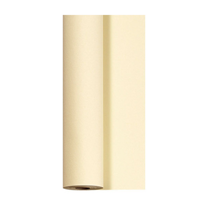 A large roll of Duni Dunicel tablecloth rolls (1.18 m x 40 m) from Duni GmbH stands upright, partially unrolled, revealing its smooth beige texture. It has a uniform color with a slight shadow and is placed on a plain white background – perfect for elegant table decoration solutions.