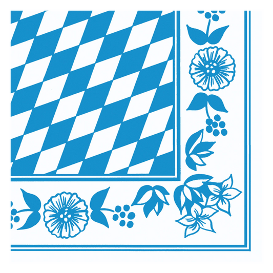 Die Dunisoft®-Serviette Bayernraute 40 x 40 cm von Duni GmbH besticht durch ein Bayernraute-Muster mit einem blau-weißen Rautenmuster auf der linken Seite. Es wird durch florale Muster am rechten und unteren Rand noch weiter aufgewertet, alles auf einem strahlend weißen Hintergrund für einen eleganten Look. Diese Serviette wird in einer Packung mit 60 Stück geliefert und zeigt verschiedene Blautöne.