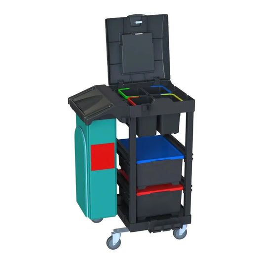 Der Arcora Ecoblack 140 von Arcora International GmbH ist ein schwarzer und blaugrüner Rollwagen (740 x 600 x 1100 mm) mit Behältern, Schalen, einem seitlichen Abfallbehälter und offenem, geteiltem Dach - perfekt für Reinigungsmittel oder umweltfreundlichen Karton.