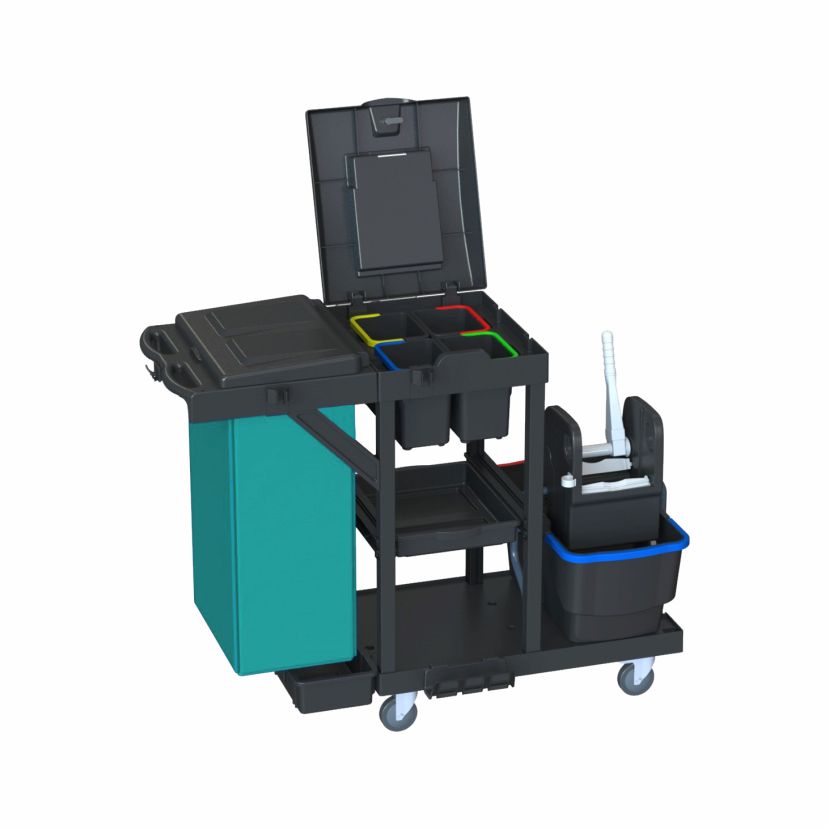 The Arcora Ecoblack 450 1410 x 680 x 1220 mm from Arcora International GmbH features a green waste bin, a stable black frame, color-coded compartments, two shelves, and a removable bucket on wheels with a mop. Delivered in one piece in the box.
