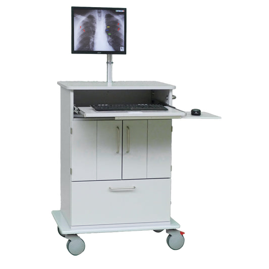 Der Novocal EDV-Wagen verfügt über eine Vollkunststoffplatte, einen Computermonitor mit Thoraxröntgenbild, ein ausziehbares Tablett für Tastatur und Maus, darunter liegende Ablagefächer und Räder für den einfachen Transport der EDV-Ausrüstung.