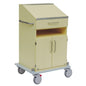 The Novocal ergonomic documentation cart has a yellow paint finish, a slanted worktop, a drawer, a shelf, two cabinet doors, four wheels (one with a red brake lever), a sturdy chassis, and a side metal handle.