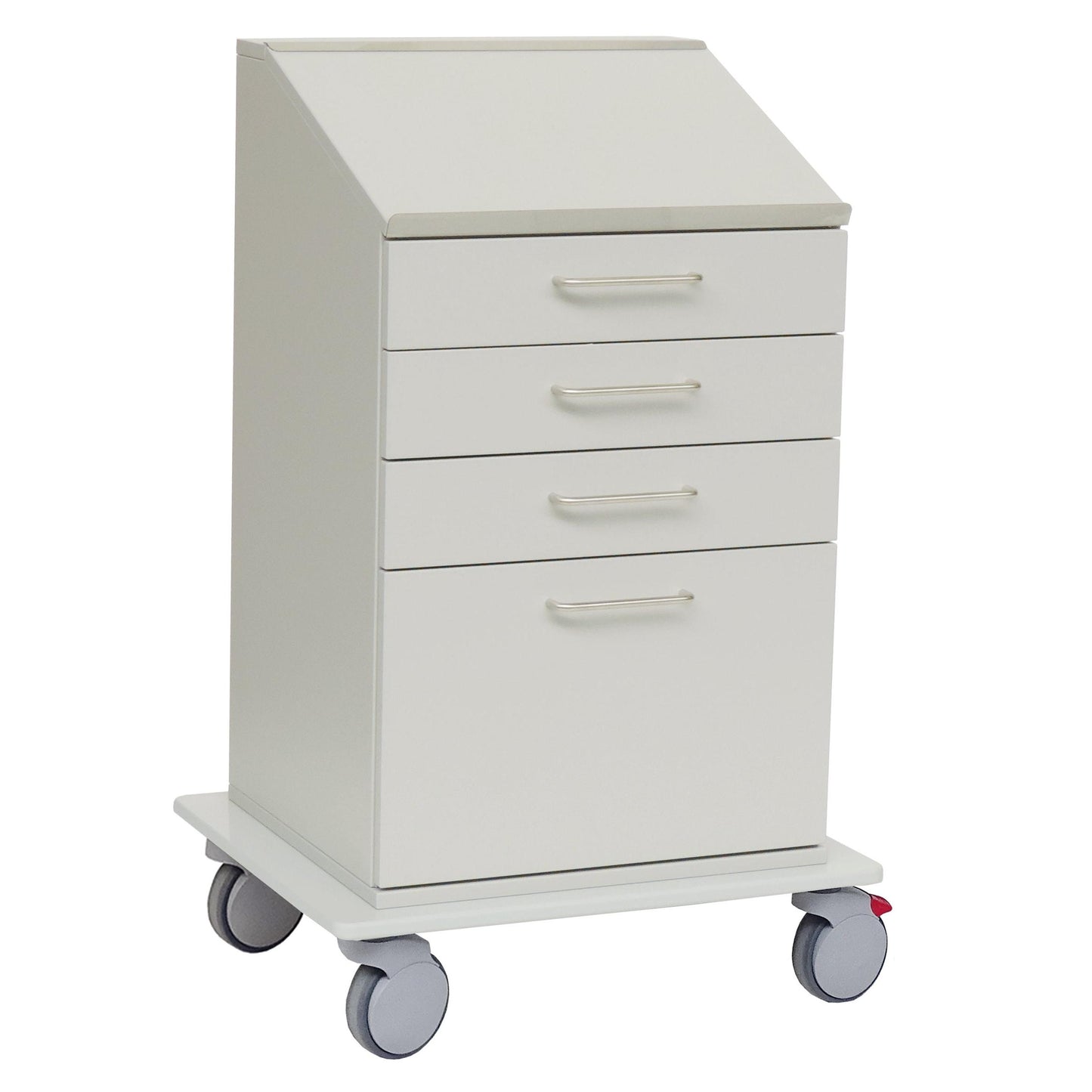 The Novocal ergonomic documentation trolley features a white design with four drawers, a slanted work surface, metal handles, and a mobile frame with four large gray swivel casters, two of which are braked.