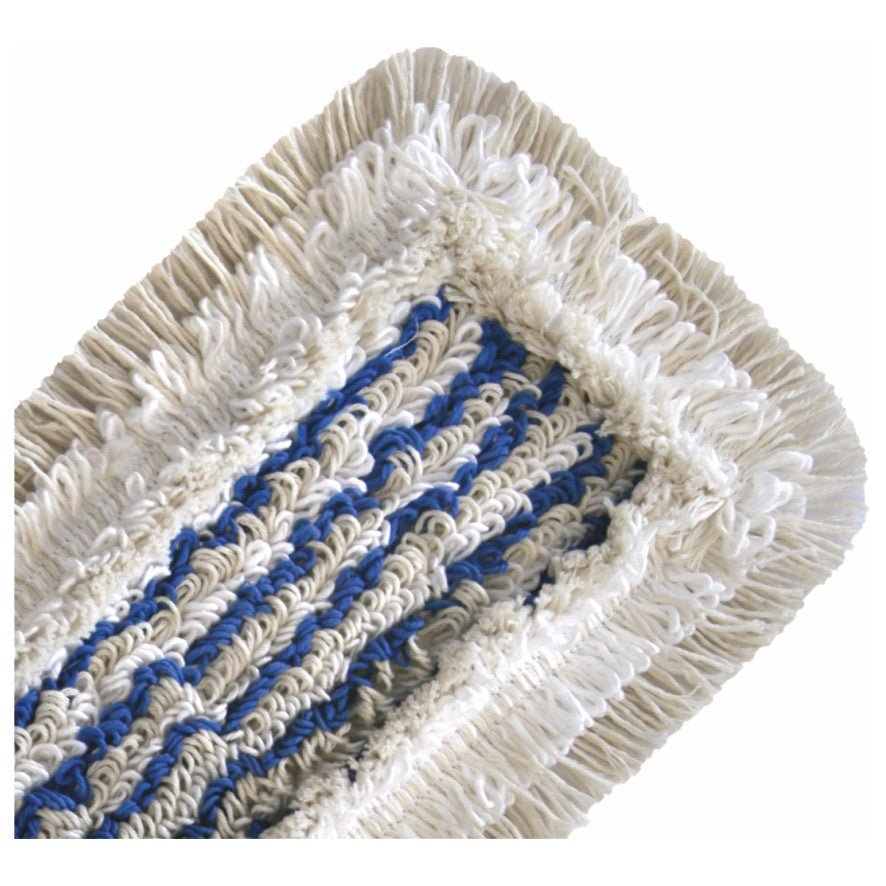 Close-up of the Arcora HOSPITAL HYGIENE MOP by Arcora International GmbH with cream-colored fringes and a blue-white fabric core - ideal for hygienic cleaning in hospitals.