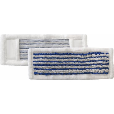 Two rectangular Arcora HOSPITAL HYGIENE PLUS MOP inserts 40 cm from Arcora International GmbH: one has a blue-gray striped microfiber surface with a white border, the other shows the solid gray mesh structure on the back.