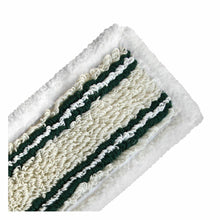 A close-up of the Arcora Hospital Quattro Plus Mop Green Outer Edge Micro 40 cm from Arcora International GmbH, with white textured fibers and green stripes, ideal for hygienic cleaning in healthcare, displayed on a plain white background.