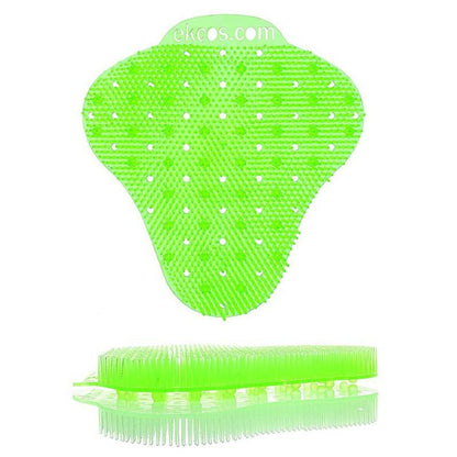 The bright green Ekcos Ekcoscreen urinal mat - 60+ days by Diversey Deutschland GmbH & Co. OHG features bristles, evenly distributed holes for hygienic cleaning, and the inscription "ekcos.com" on the top. Pictured in front and side view.