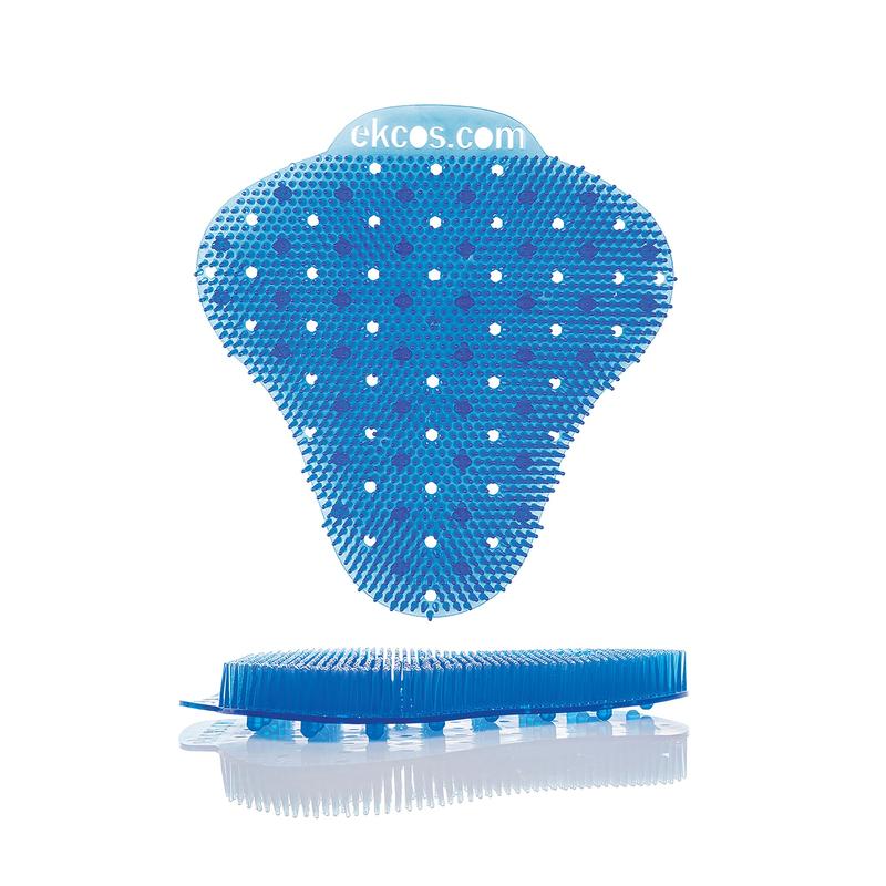 A blue, triangular Ekcos Ekcoscreen urinal mat - 60+ days by Diversey Deutschland GmbH & Co. OHG with short, flexible bristles and several small holes is seen from the front and side; "ekcos.com" is printed on top for odor control and hygiene.