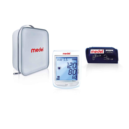 The Medel Elite blood pressure monitor from Beurer GmbH features a digital display with a reading of 120/80 mmHg. It comes with a black cuff and a gray carrying case and is equipped with soft-inflate technology for improved comfort and precision.