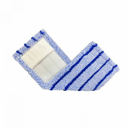 The Arcora RUNNER BLUE DB - FC WITH COVER from Arcora International GmbH is a rectangular blue and white striped mop pad with an inner pocket, perfect as a blue runner for indoor cleaning tasks.