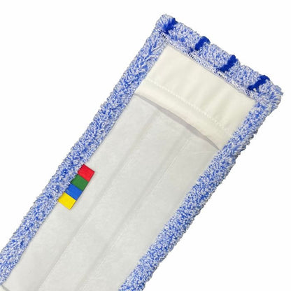 The Arcora RUNNER BLUE DB - FC WITH COVER from Arcora International GmbH features a rectangular blue and white microfiber mop head with a white center and four colored tags - ideal for cleaning blue runners or other indoor runners.