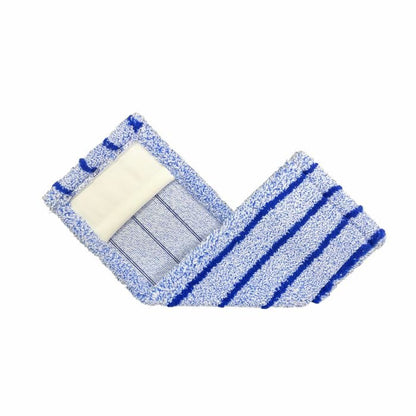 The Arcora RUNNER BLUE - FC WITHOUT COVER from Arcora International GmbH is a blue and white striped microfiber mop pad on a white background, with a rectangular Velcro surface ideal for all types of durable flooring.