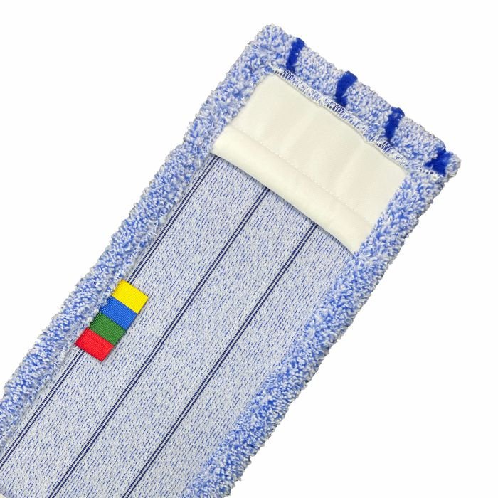 A close-up of the Arcora RUNNER BLUE - FC WITHOUT COVER microfiber mop from Arcora International GmbH shows a blue border and four small colored tags - yellow, red, green, blue - on a white section, ideal for cleaning durable floor coverings.