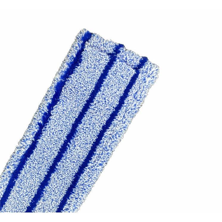 A close-up of the Arcora Flat Press Mop Runner Blue 2.0 from Arcora International GmbH shows the special polyester pad with parallel blue stripes on a white background, designed for professional cleaning. Carton contains 75 pieces with cover sheet and bag.