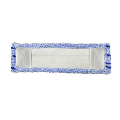 The Arcora Flat Press Mop Runner Blue 2.0 from Arcora International GmbH has a white special polyester core, blue microfiber edges and is depicted on a solid white background. Packed in cartons of 75 pieces with cover sheet special polyester bag.