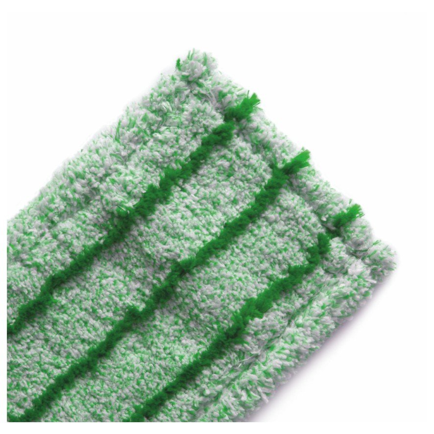 Close-up of the Arcora RUNNER GREEN DB - FC WITH COVER from Arcora International GmbH: a green-white microfiber mop pad with three raised green stripes made of high-quality materials on a white background - ideal for indoor use.