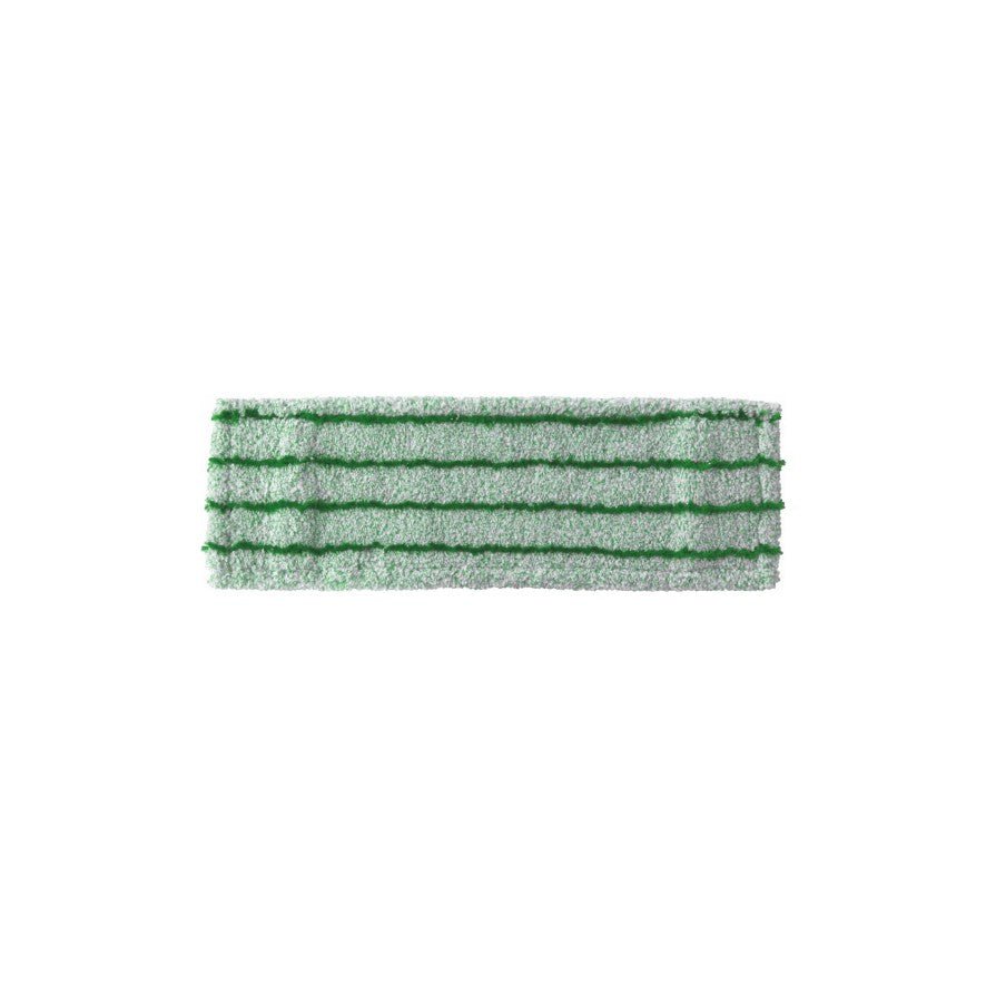 The Arcora RUNNER GREEN DB - FC WITH COVER from Arcora International GmbH is a rectangular green-white microfiber mop pad with horizontal dark green stripes, photographed on a plain white background.