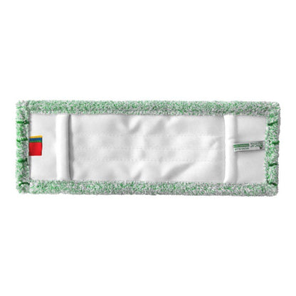 The Arcora RUNNER GREEN DB - FC WITH COVER from Arcora International GmbH is a rectangular white microfiber mop with a green border, a red fabric label on one side, and a small green label - perfect for indoor cleaning.