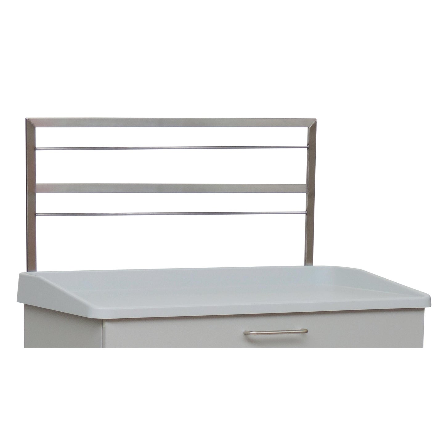 Die Novocal Euroschiene - 2-fach für Rückwand (1 Stück) ist ein weißer Schrank mit einer flachen Oberseite, einem silbernen Schubladengriff und einem Metallgestell mit drei horizontalen Stangen zur einfachen Befestigung der Rückwand - ideal für den modernen Möbelbau.