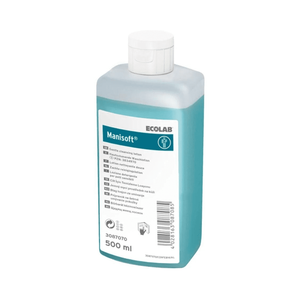 A 500 ml Ecolab Manisoft® washing lotion (discontinued item) in a plastic bottle with a white flip-top cap; light blue, skin-friendly, suitable for hygienic hand disinfection. The label shows the product name, application instructions, and barcode.