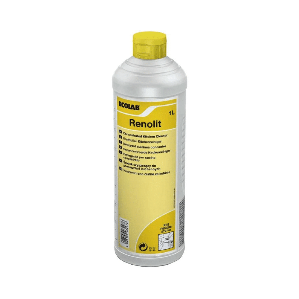 A 1-liter bottle (1000 ml) of discontinued item: Ecolab Renolit kitchen cleaner by Ecolab with a white cap and yellow, multilingual label, depicted against a plain white background.